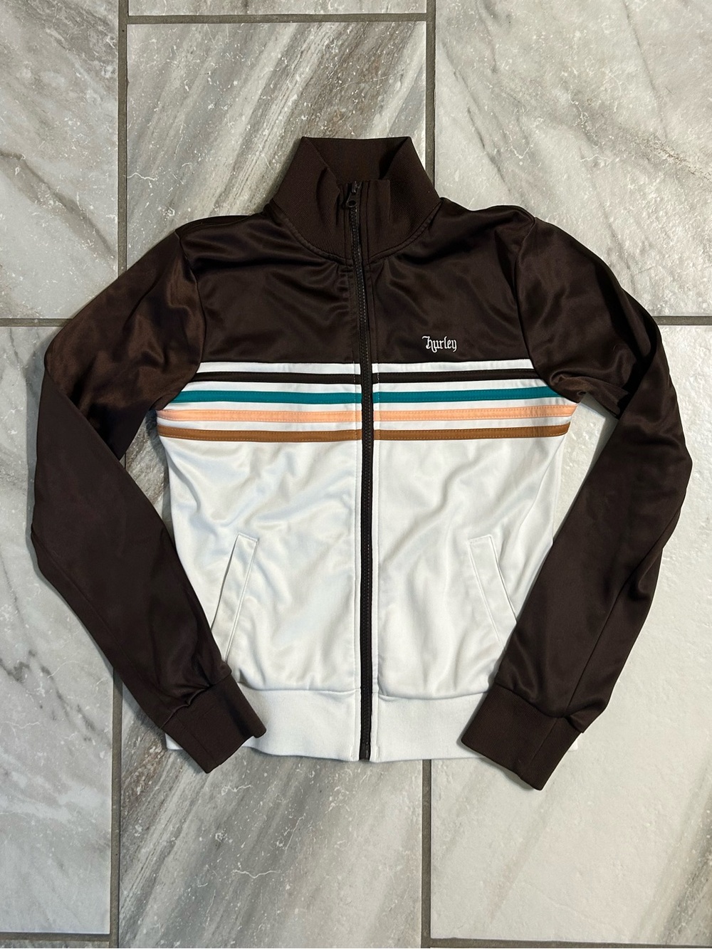 Vintage Y2K Hurley Track Jacket Brown White Multi Stripe Full Zip, M